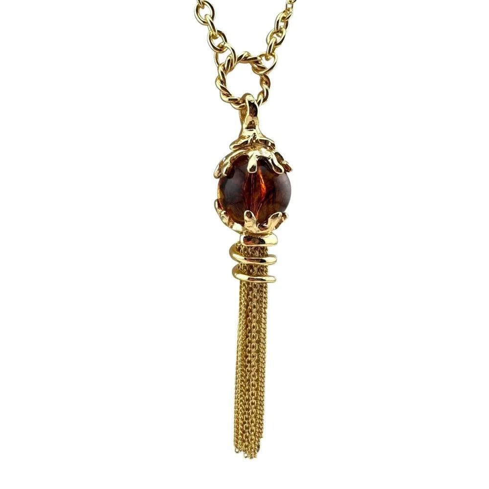 H&M‎ Amber Beaded Tassel Necklace Gold Tone Statement Necklace NWT